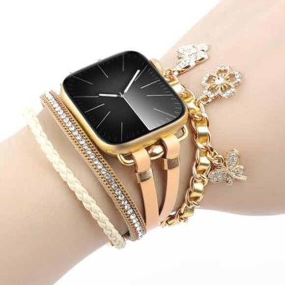 NEW Gold Boho Leather Apple Watch Band with Charms